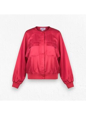 80s Vintage Bright Cherry Red Hidden Button Crewneck Bomber Jacket Size 2X